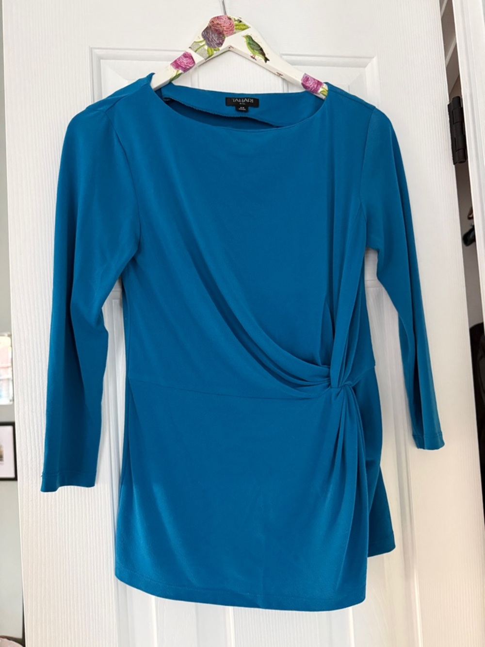 Tahari Teal Knot-Detail Long Sleeve Top
